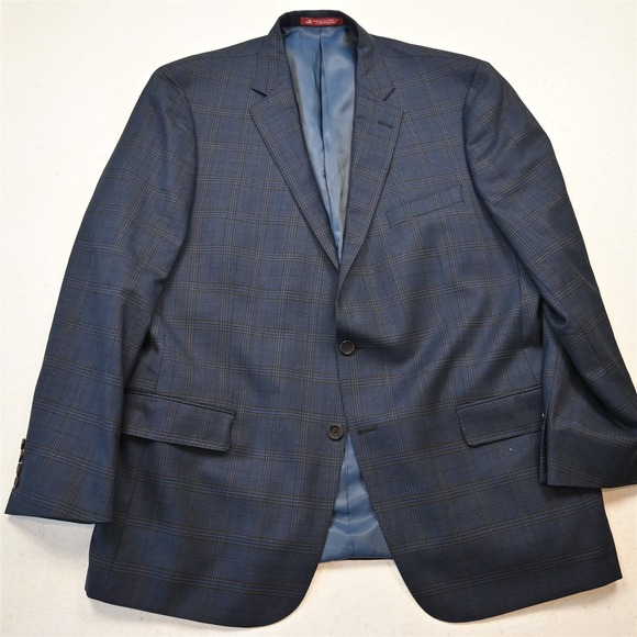 Hart Schaffner Marx 48R Blue Plaid Wool Soft Shoulder Blazer Jacket Sport Coat